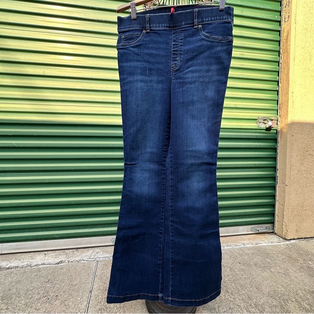 SPANX Blue Women's Jeans Stretchy Wide Leg Pull On Denim Indigo Sz L High Waist